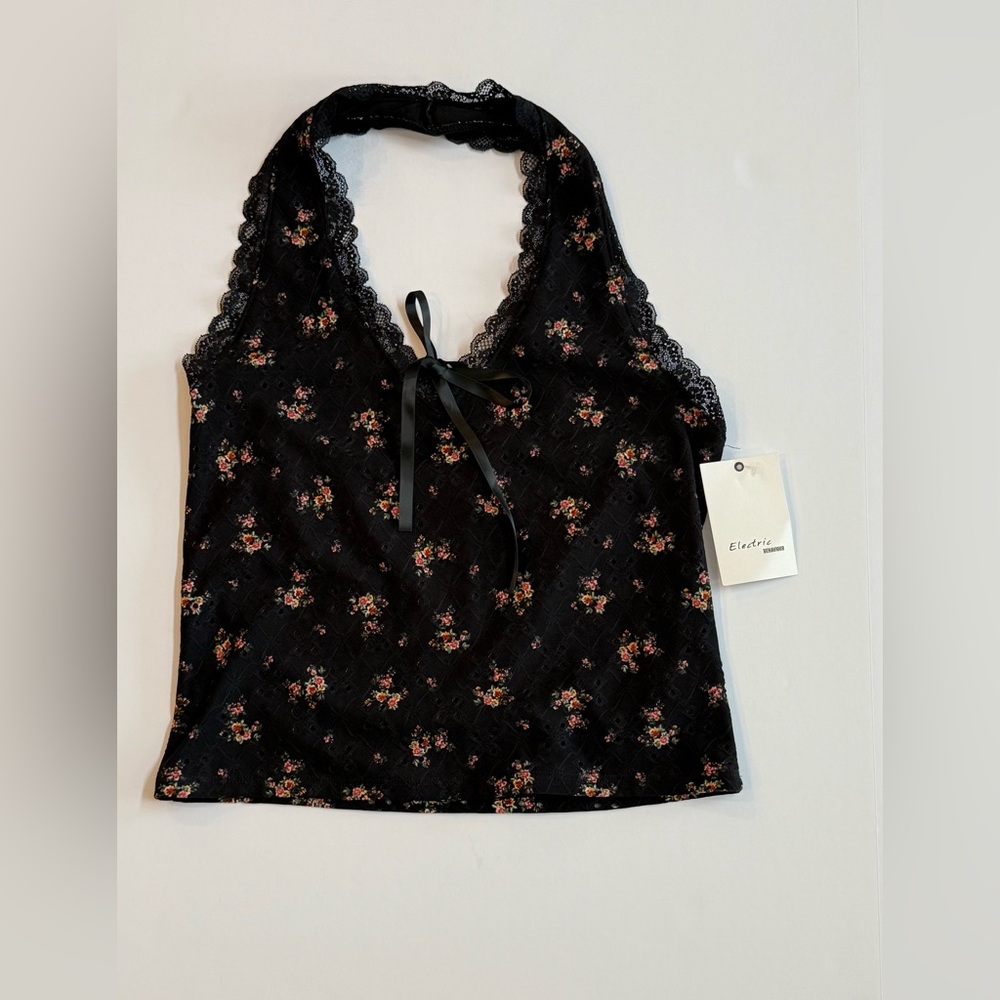 Electric Behaviour black floral halter top, detailed with lace trim